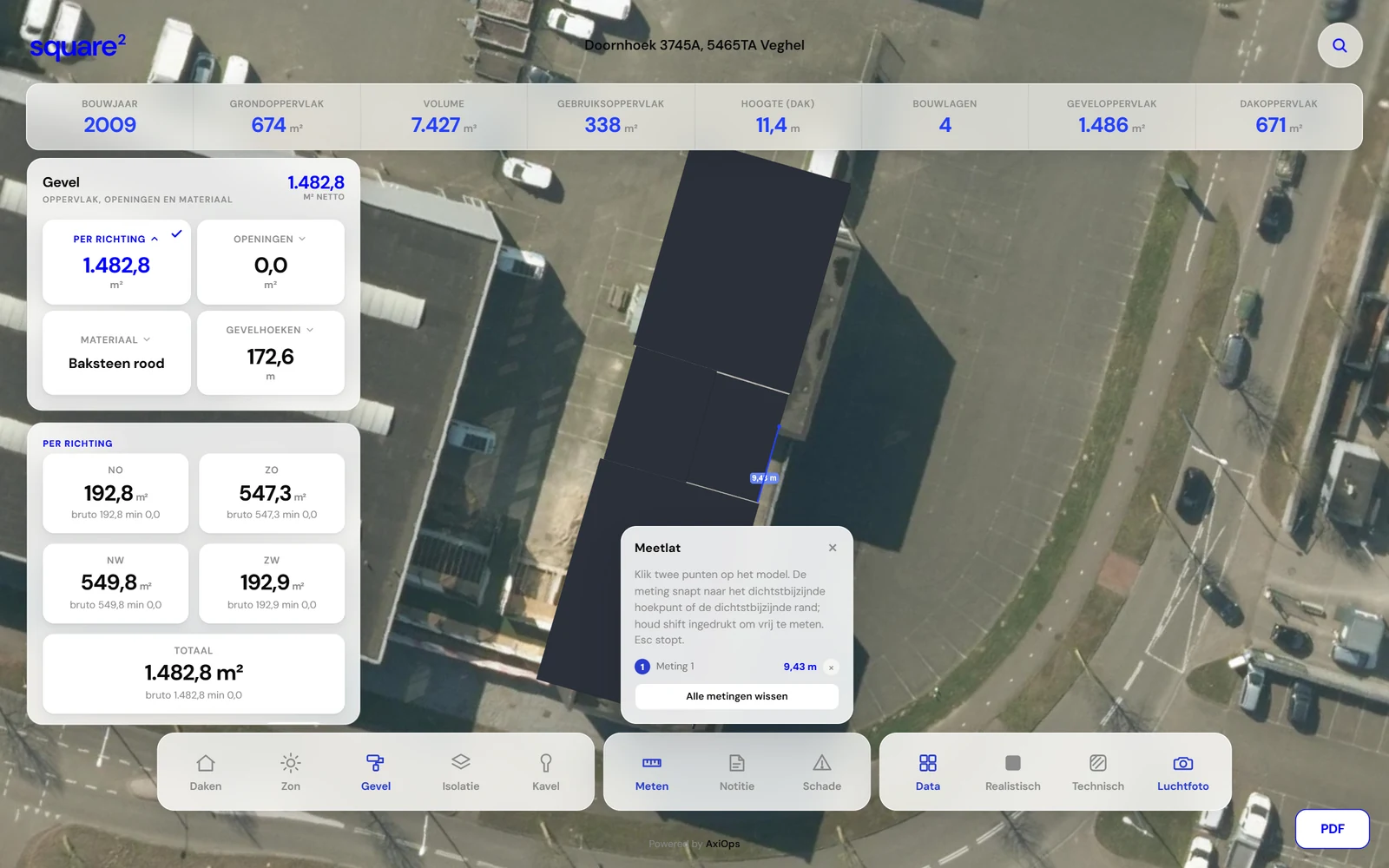 Luchtfoto over het 3D-model gelegd om later geplaatste aanbouwen te herkennen